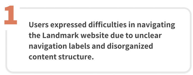 Users expressed difficulties in navigating the Landmark website due to unclear navigation labels and disorganized content structure.